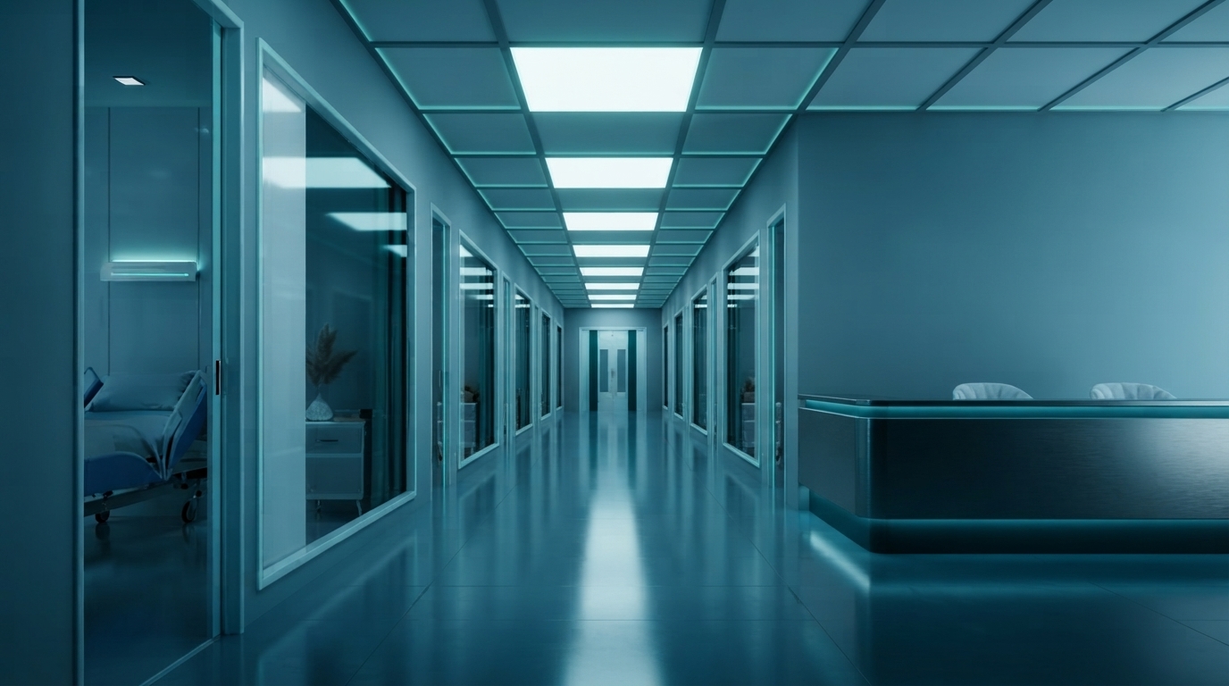 A futuristic medical scanner with distorted light patterns, symbolizing AI bias in healthcare affecting patient readings.