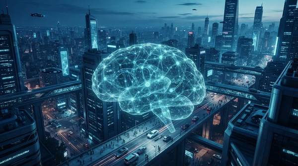 A transparent, glowing neural network symbolizing Explainable AI hovers above a futuristic cityscape, representing trust and oversight in regulated industries.