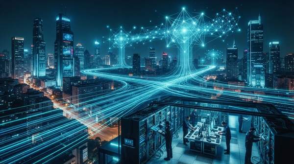 Cinematic visualization of a complex, real-time data processing architecture with interconnected streams and AI analysis in a futuristic enterprise setting.