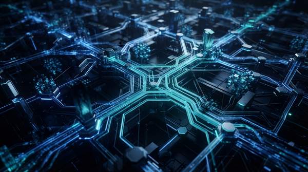 Abstract visualization of serverless computing architecture with interconnected nodes and data streams, highlighting potential security vulnerabilities.